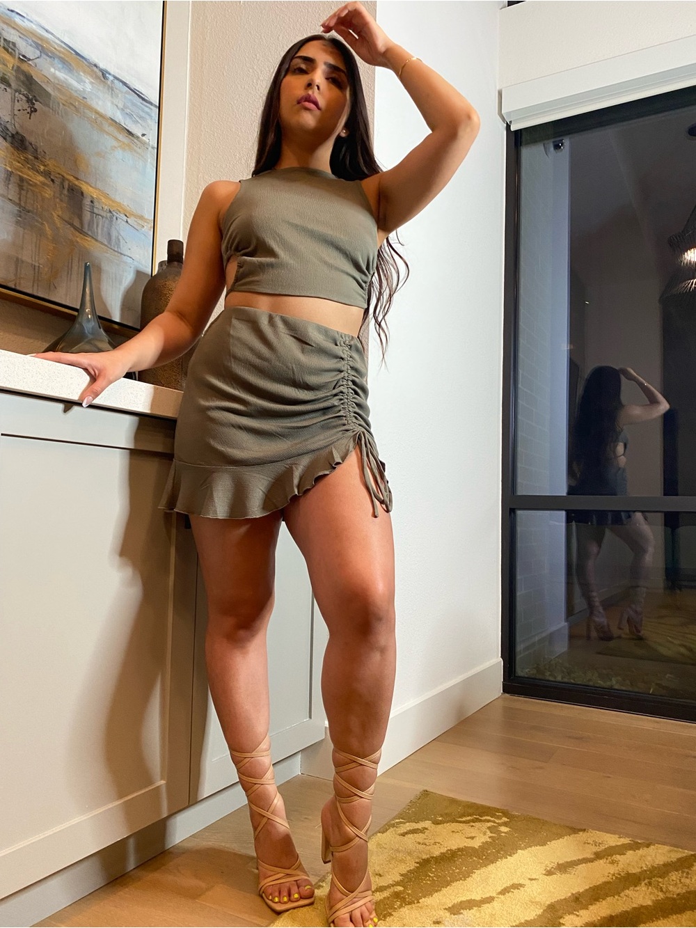Ruche-Side Mini Skirt in Olive Green Set - Picture 2 of 11